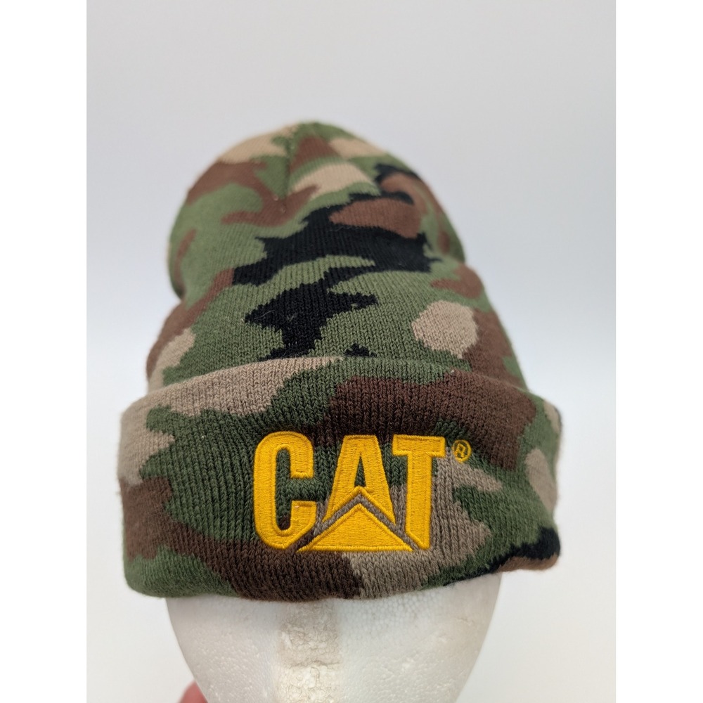 Caterpillar CAT Camo Knit Cuffed Beanie Hat Woodland Camouflage Yellow Logo